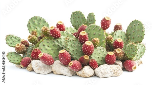 A prickly pear cactus filled with bright fruit, isolated on a white background, providing a clear and detailed focus on the plantaes textures and colors.