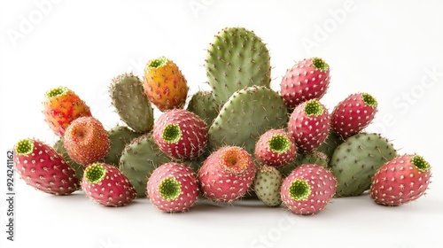 A prickly pear cactus filled with bright fruit, isolated on a white background, providing a clear and detailed focus on the plantaes textures and colors.