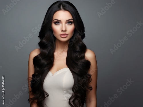 Portrait of a Woman with Long Wavy Black Hair and White Top