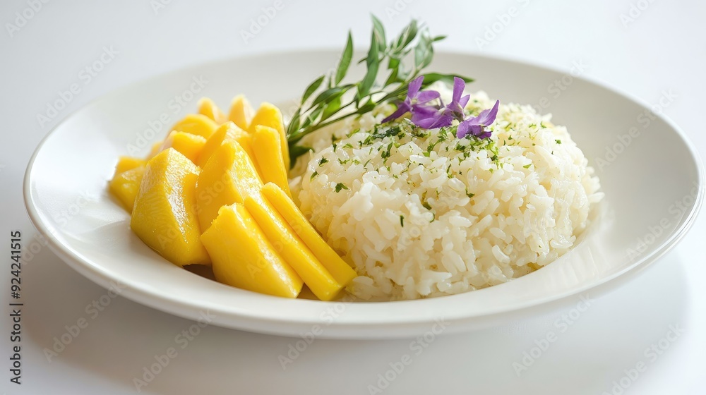 A white plate holding Thai sticky rice with coconut milk and mango slices, elegantly presented against a white background, highlighting the dish's traditional appeal. A white plate holding Thai sticky rice with coconut milk and mango slices, elegantly presented against a white background, highlighting the dish's traditional appeal.