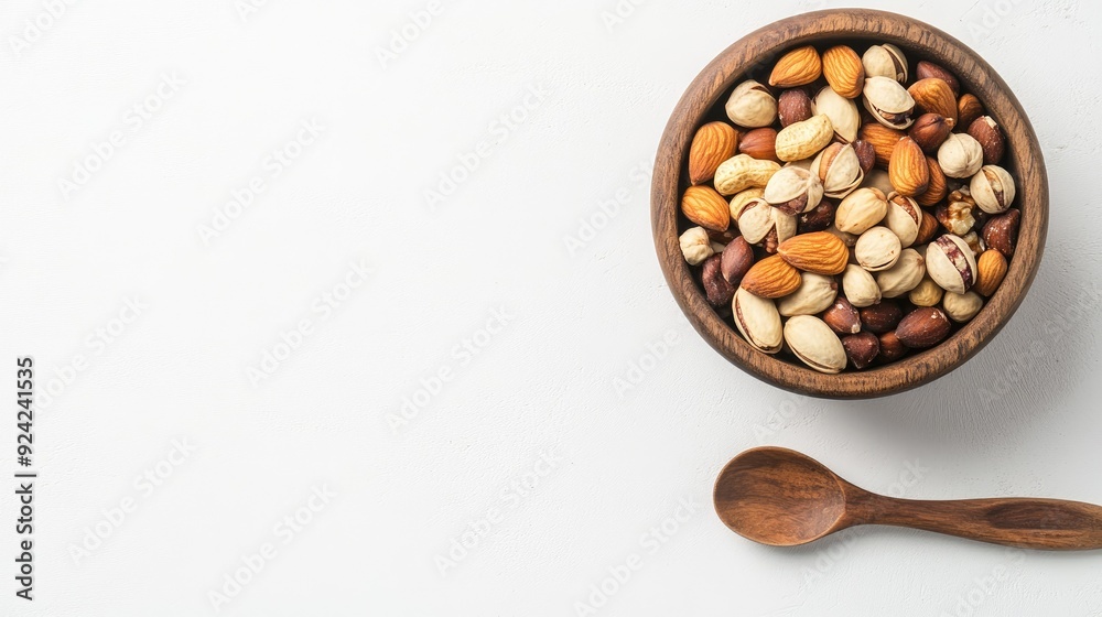 A wooden bowl filled with mixed nuts and a spoon, viewed from above on a white background. Copy space available for text or branding. A wooden bowl filled with mixed nuts and a spoon, viewed from above on a white background. Copy space available for text or branding.