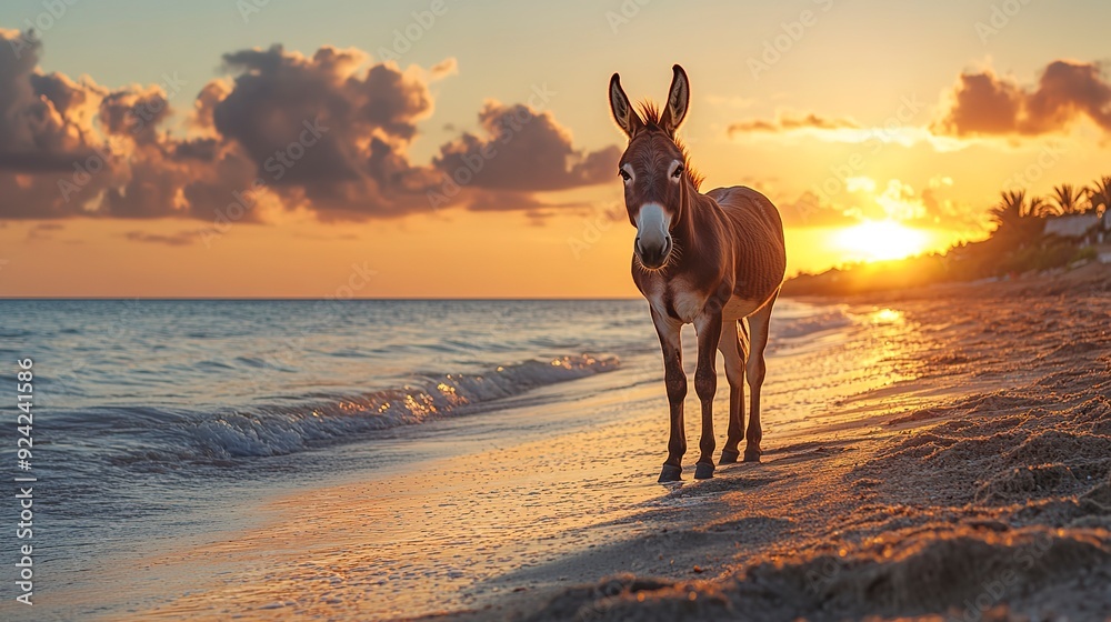 A donkey standing on the beach during a sunset. A donkey standing on the beach during a sunset.