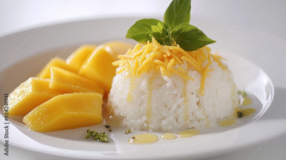 Close-up of a classic Thai dessert: sticky rice drizzled with coconut milk, accompanied by juicy mango slices, elegantly presented on a white plate against a white background. Close-up of a classic Thai dessert: sticky rice drizzled with coconut milk, accompanied by juicy mango slices, elegantly presented on a white plate against a white background.
