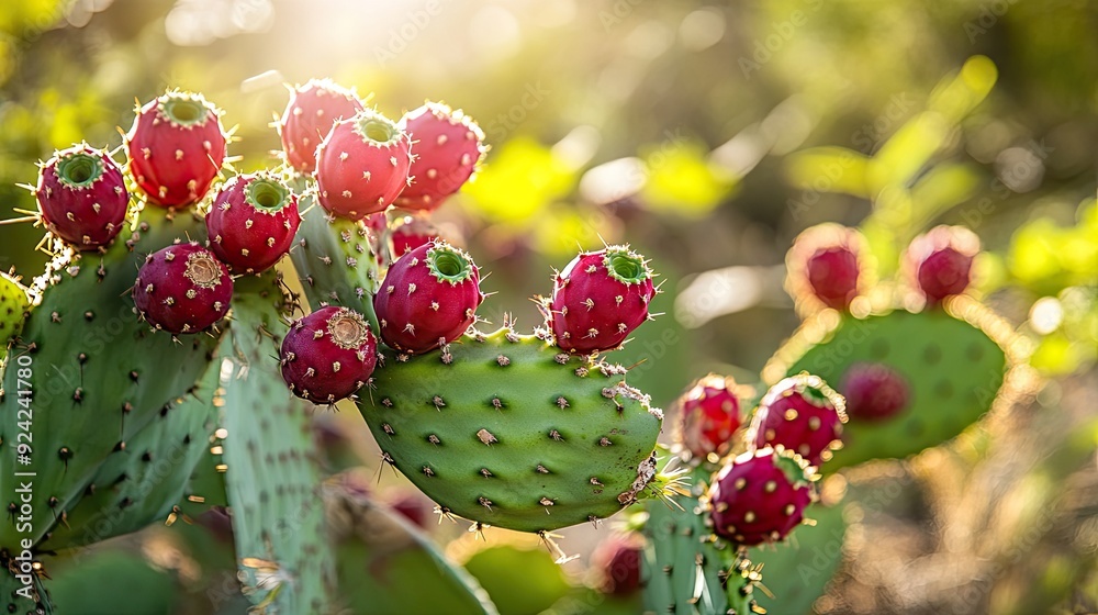 Close-up of a giant prickly pear cactus with numerous red fruits, thriving under the bright sun in Saguaro National Park, Arizona, showcasing the vibrant desert flora. Close-up of a giant prickly pear cactus with numerous red fruits, thriving under the bright sun in Saguaro National Park, Arizona, showcasing the vibrant desert flora.