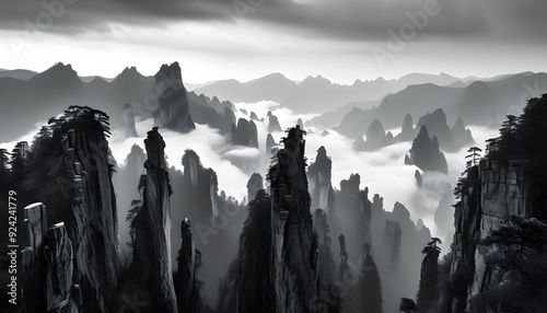 In the magnificent valley of the black and white Zhangjiajie, the towering peaks contrast with the dark clouds. photo