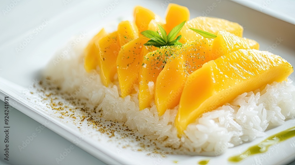 Close-up of sticky rice and coconut milk paired with fresh mango slices, presented on a white plate against a white background, showcasing the dessertaes vibrant colors and textures. Close-up of sticky rice and coconut milk paired with fresh mango slices, presented on a white plate against a white background, showcasing the dessertaes vibrant colors and textures.