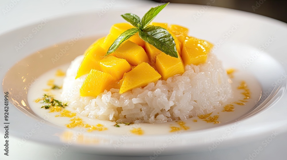 Close-up of sticky rice and coconut milk paired with fresh mango slices, presented on a white plate against a white background, showcasing the dessertaes vibrant colors and textures. Close-up of sticky rice and coconut milk paired with fresh mango slices, presented on a white plate against a white background, showcasing the dessertaes vibrant colors and textures.