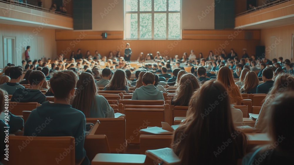 Obraz premium A busy lecture hall buzzes as students take notes from an inspiring professor, igniting their curiosity.