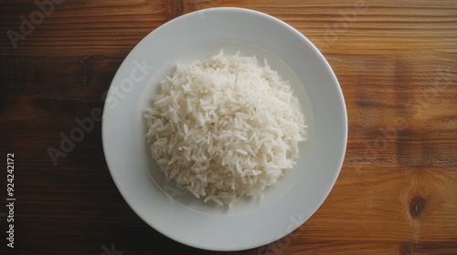 Cooked Jasmine rice served on a white plate, placed on a wooden table, ready to be enjoyed. Minimalistic and inviting food concept.