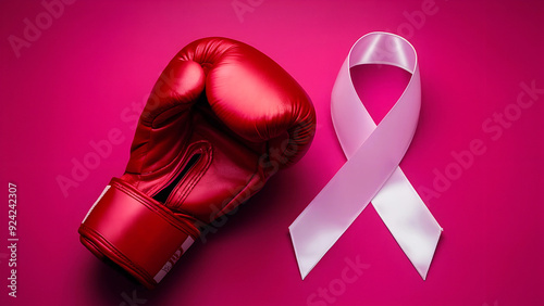 red boxing gloves and a pink cancer ribbon, symbolizing the fight against cancer with strength photo