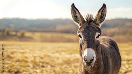 A friendly donkey stares directly into the camera, standing alone in an expansive, recently harvested field, exuding a sense of curiosity and connection under soft daylight.