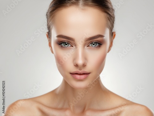 Close-up Portrait of a Woman with Smooth Skin and Blue Eyes