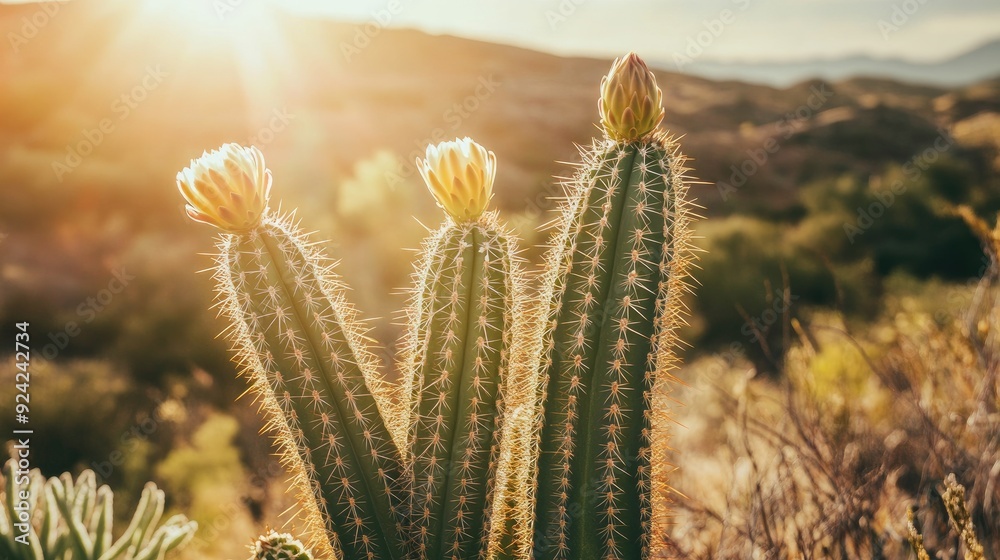 Majestic wild cactus with flowers in full bloom, reaching towards the summer sky, surrounded by dry, arid land and the warm glow of the afternoon sun. Majestic wild cactus with flowers in full bloom, reaching towards the summer sky, surrounded by dry, arid land and the warm glow of the afternoon sun.
