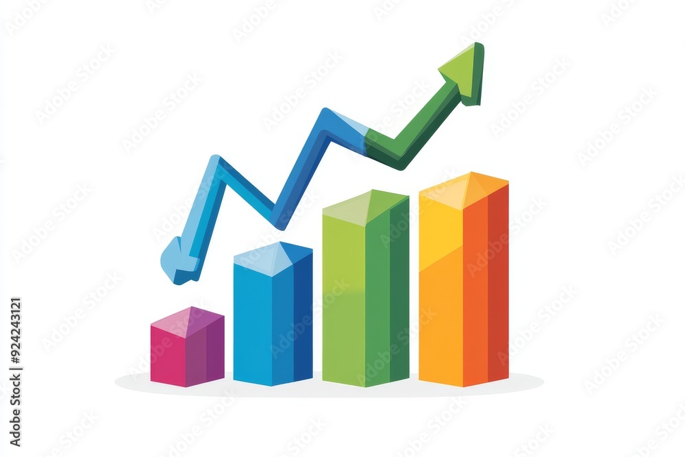 Illustration of colorful bar charts with an upward arrow symbolizing business growth success and the positive trajectory of financial performance Illustration of colorful bar charts with an upward arrow symbolizing business growth success and the positive trajectory of financial performance