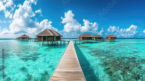 Stunning panoramic view of overwater bungalows in the Maldives  with a wooden jetty extending into the shallow blue waters  under the endless summer sky.