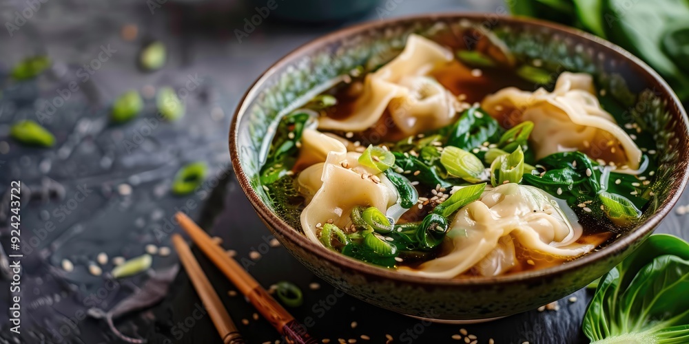 Chinese Wonton Soup with Bok Choy and Copy Space Chinese Wonton Soup with Bok Choy and Copy Space