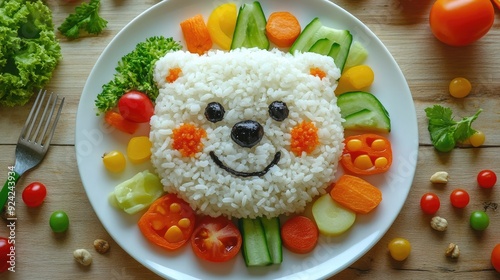 Top view of a cute bear face made of rice and vegetables on a plate, surrounded by colorful food items, creating a playful meal presentation. photo