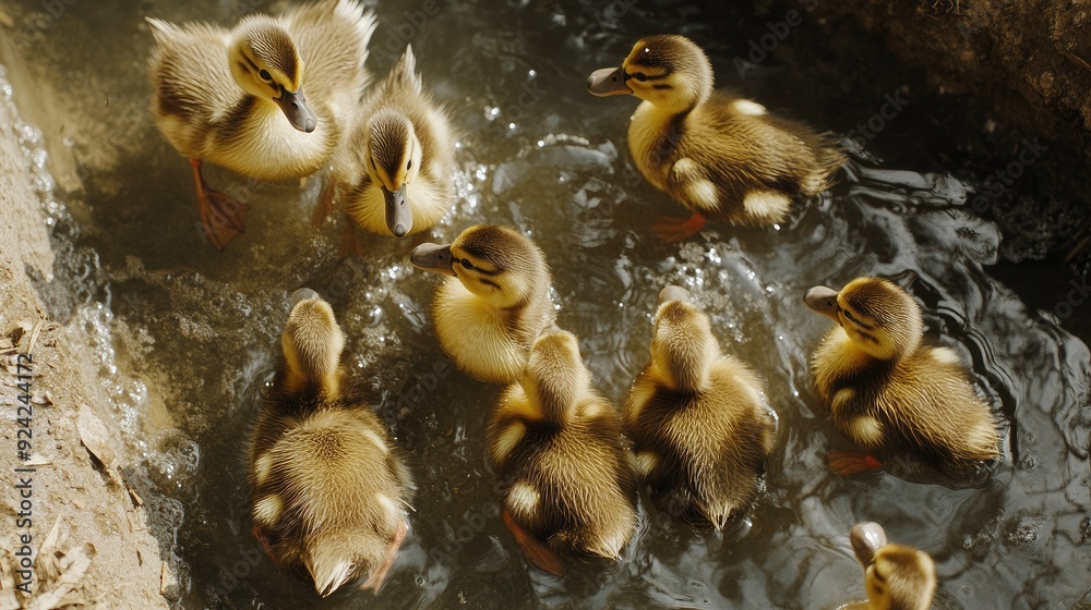 Top view of a farm's ducklings paddling in a shallow pool, with their fluffy feathers and tiny beaks visible.
