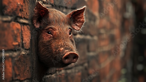 hog head peeking behind the wall photo