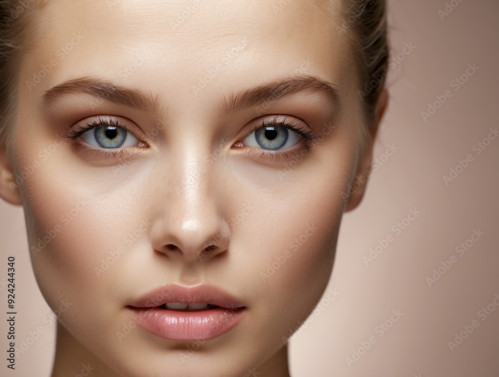 Close-up Portrait of a Woman with Blue Eyes and Soft Makeup Close-up Portrait of a Woman with Blue Eyes and Soft Makeup