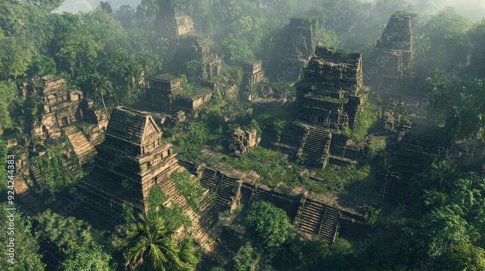 Top view of a jungle-covered ancient city, with temples and pyramids peeking through the dense foliage. Top view of a jungle-covered ancient city, with temples and pyramids peeking through the dense foliage.