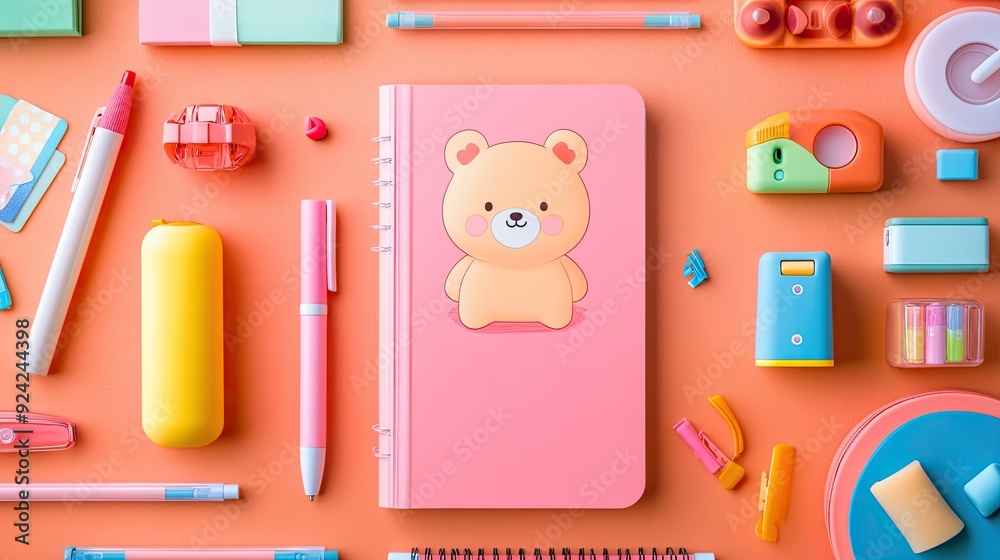 Top view of a kawaii-style bear character notebook, with a pen and colorful stationery items, creating a cute study setup. Top view of a kawaii-style bear character notebook, with a pen and colorful stationery items, creating a cute study setup.