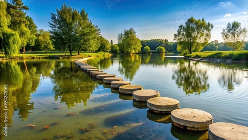 Concrete stepping stones crossing a tranquil lake in Teketo park, Nickolovo village, Ruse region photo