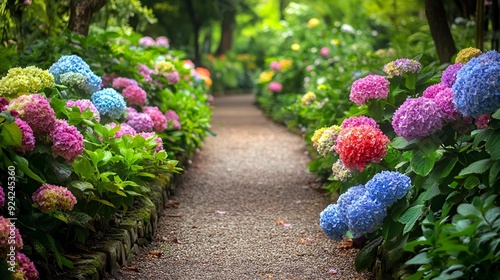 Vibrant pink hydrangea blooms in lush green garden, surrounded by colorful floral shrubs and blooming roses under warm summer sun photo