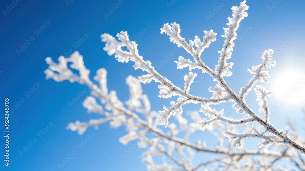 Delicate frost clings to tree branches, shimmering in the winter sun against a clear sky Delicate frost clings to tree branches, shimmering in the winter sun against a clear sky