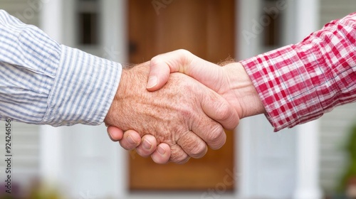 Two people shake hands in front of a new house, celebrating a successful home purchase