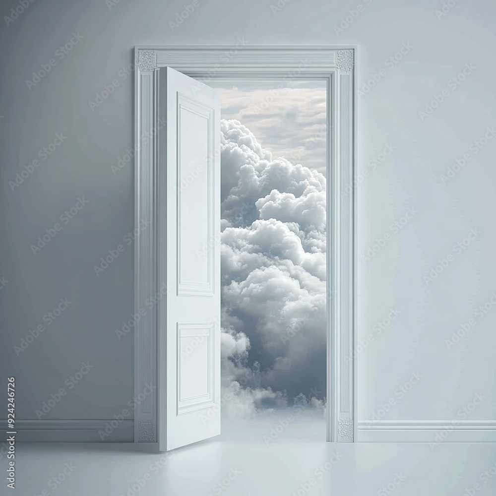 A white door opens to reveal an endless sky A white door opens to reveal an endless sky