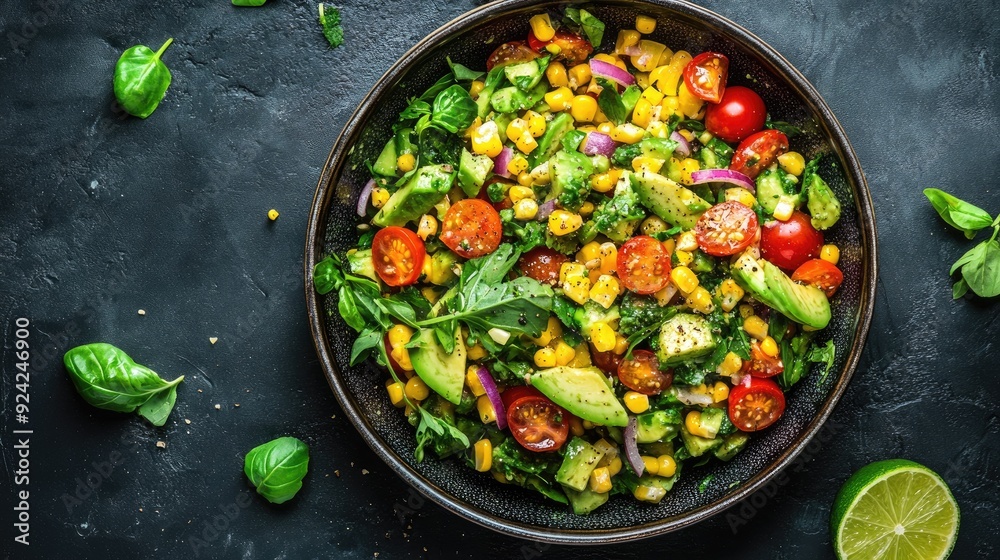 Top view of a vibrant corn and avocado salad, tossed with cherry tomatoes, red onions, and a lime vinaigrette. Top view of a vibrant corn and avocado salad, tossed with cherry tomatoes, red onions, and a lime vinaigrette.