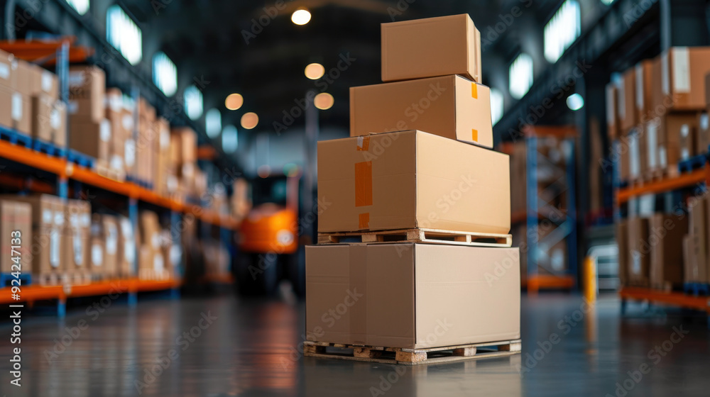 A stack of cardboard boxes on a pallet in a spacious warehouse, ready for shipping or storage. A stack of cardboard boxes on a pallet in a spacious warehouse, ready for shipping or storage.