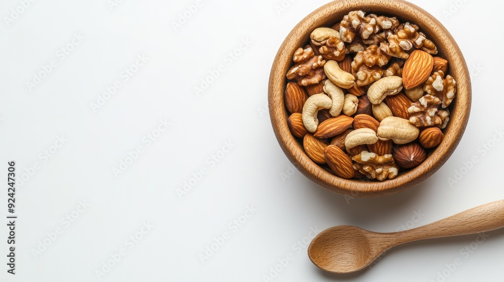 Top view of a wooden bowl with mixed nuts and a spoon on a white background. Copy space for text or creative layout. Healthy eating concept. Top view of a wooden bowl with mixed nuts and a spoon on a white background. Copy space for text or creative layout. Healthy eating concept.