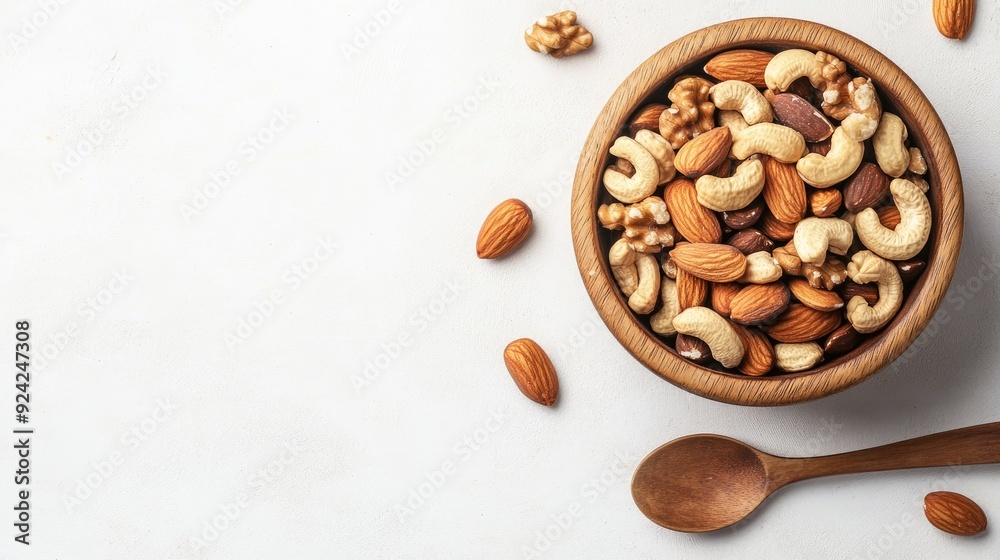 Top view of a wooden bowl with mixed nuts and a spoon on a white background. Copy space for text or creative layout. Healthy eating concept.
