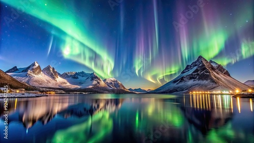 Northern lights dancing across the night sky under the majestic mountains of Norway , Aurora borealis