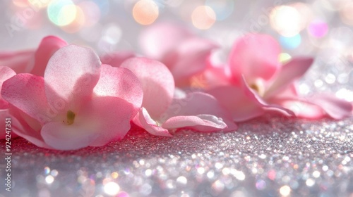 Delicate pink rose petals lie gracefully on a shimmering surface illuminated by soft bokeh lights