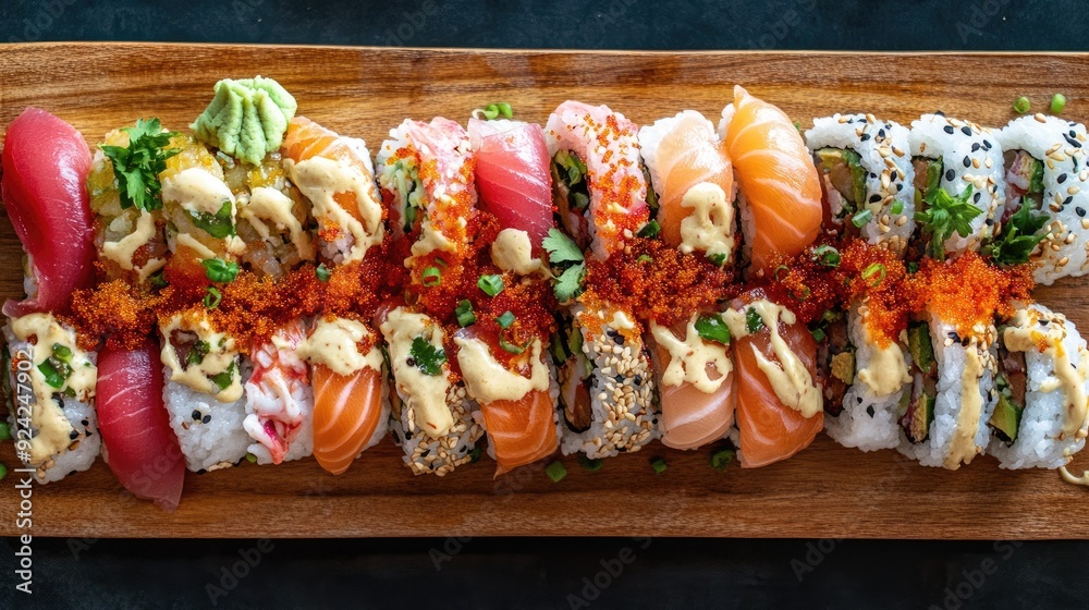 Top view of assorted sushi rolls on a wooden platter, garnished with fresh wasabi and pickled ginger. A delicious feast of flavors and colors. Top view of assorted sushi rolls on a wooden platter, garnished with fresh wasabi and pickled ginger. A delicious feast of flavors and colors.