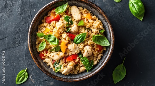 Top view of basil fried rice with chicken, bell peppers, and fresh basil leaves, served in a ceramic bowl.