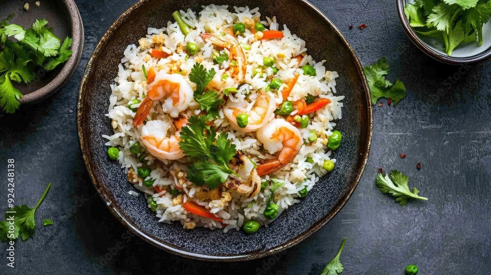 Top view of coconut fried rice with shredded coconut, shrimp, and mixed vegetables, garnished with fresh herbs. Top view of coconut fried rice with shredded coconut, shrimp, and mixed vegetables, garnished with fresh herbs.