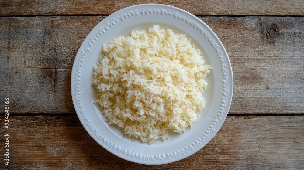 Top view of cooked Jasmine rice neatly arranged on a white plate placed on a wooden table. Warm, inviting meal concept. Top view of cooked Jasmine rice neatly arranged on a white plate placed on a wooden table. Warm, inviting meal concept.