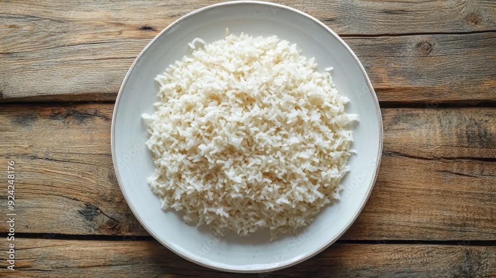 Top view of cooked Jasmine rice neatly arranged on a white plate placed on a wooden table. Warm, inviting meal concept. Top view of cooked Jasmine rice neatly arranged on a white plate placed on a wooden table. Warm, inviting meal concept.