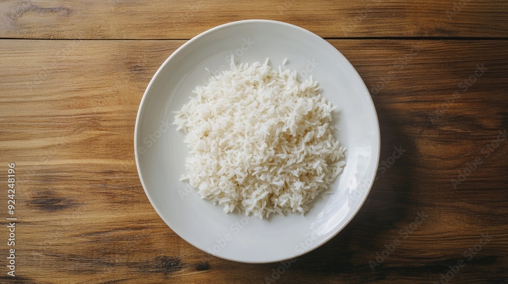 Top view of cooked Jasmine rice neatly arranged on a white plate placed on a wooden table. Warm, inviting meal concept. Top view of cooked Jasmine rice neatly arranged on a white plate placed on a wooden table. Warm, inviting meal concept.