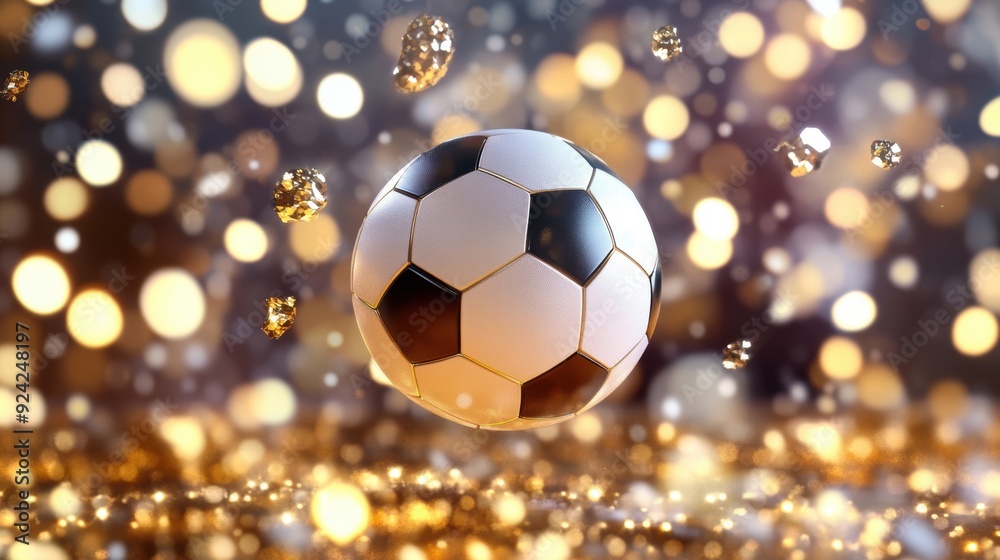 Naklejka premium A soccer ball shines brightly amidst a colorful bokeh of lights, creating a joyful atmosphere