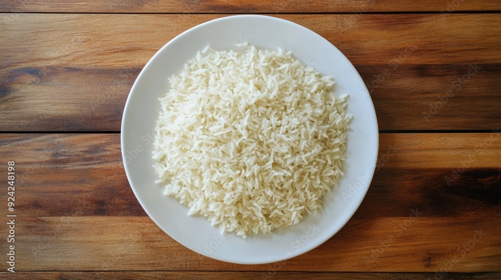 Top view of cooked Jasmine rice neatly arranged on a white plate placed on a wooden table. Warm, inviting meal concept. Top view of cooked Jasmine rice neatly arranged on a white plate placed on a wooden table. Warm, inviting meal concept.