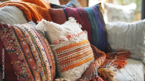A bohemianinspired lounge with layers of textured throws in various prints and fabrics creating a laidback and eclectic feel. photo
