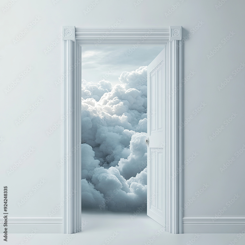 A white door opens to reveal an endless sky A white door opens to reveal an endless sky