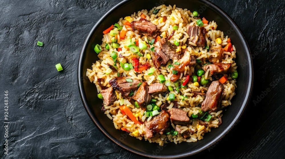 Top view of duck fried rice with succulent duck pieces, mixed vegetables, and soy sauce, garnished with green onions. Top view of duck fried rice with succulent duck pieces, mixed vegetables, and soy sauce, garnished with green onions.