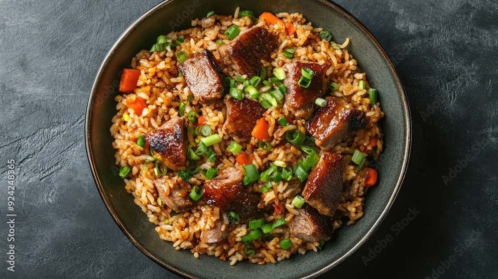 Top view of duck fried rice with succulent duck pieces, mixed vegetables, and soy sauce, garnished with green onions. Top view of duck fried rice with succulent duck pieces, mixed vegetables, and soy sauce, garnished with green onions.