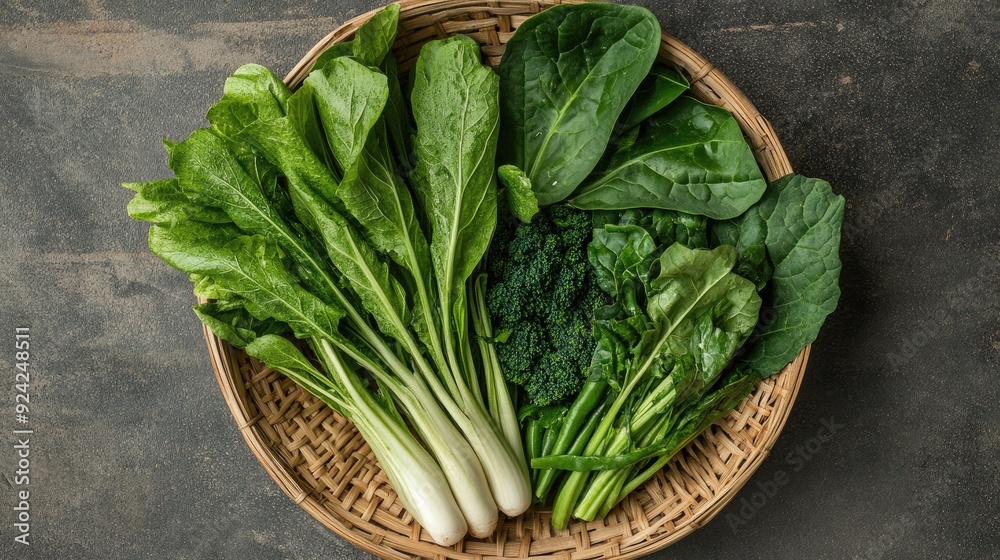 Top view of fresh Thai vegetables, such as Chinese kale, water spinach, and bok choy, arranged in a traditional woven basket Top view of fresh Thai vegetables, such as Chinese kale, water spinach, and bok choy, arranged in a traditional woven basket